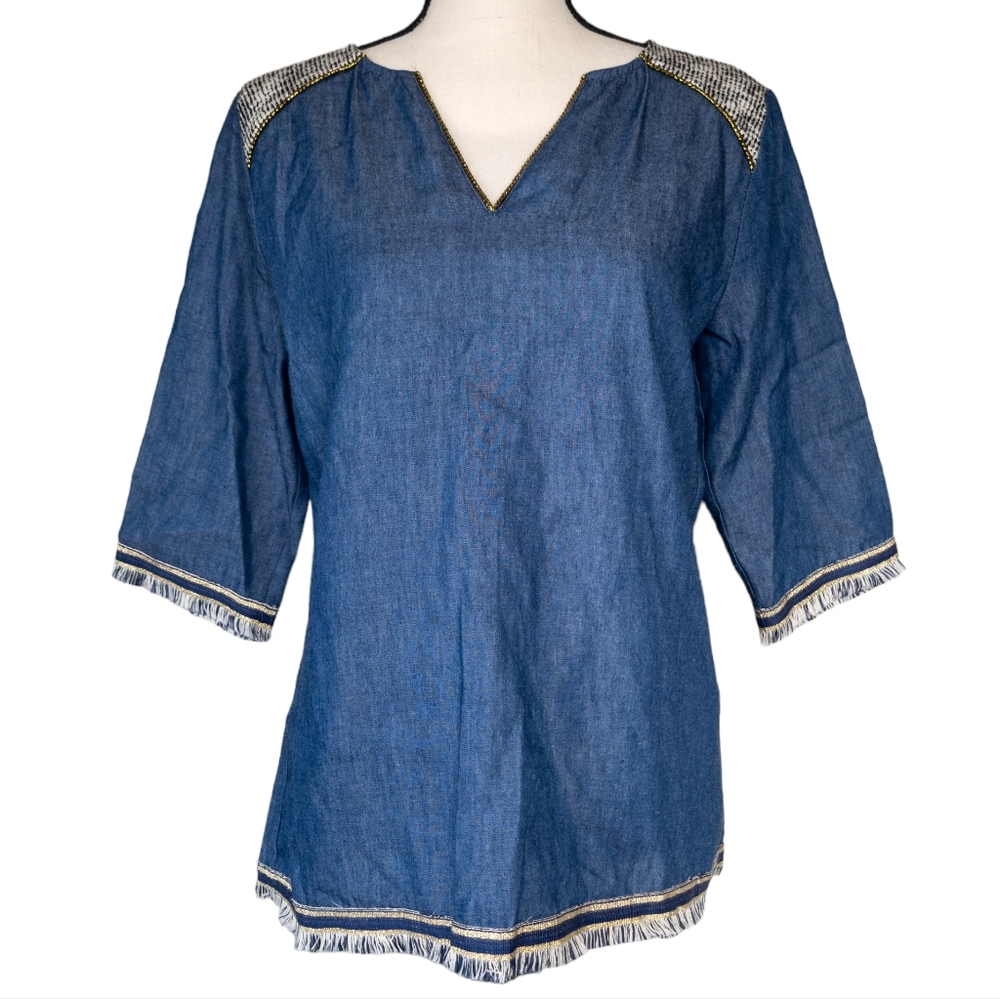 NWT THML Boho Fringe Trim Pullover Chambray Blouse